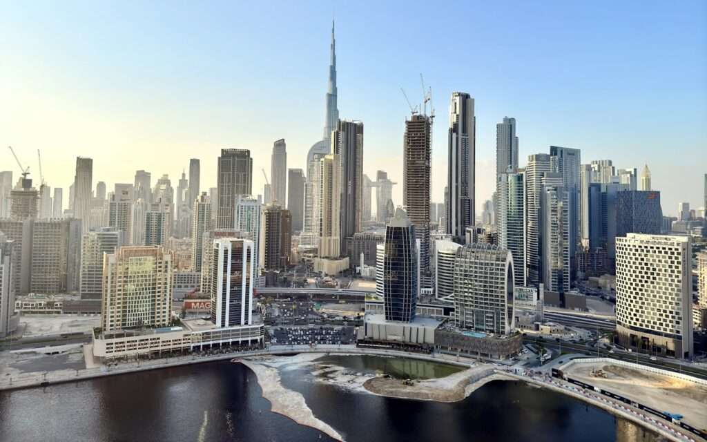 The Burj Khalifa rising above the Business Bay skyline in Dubai