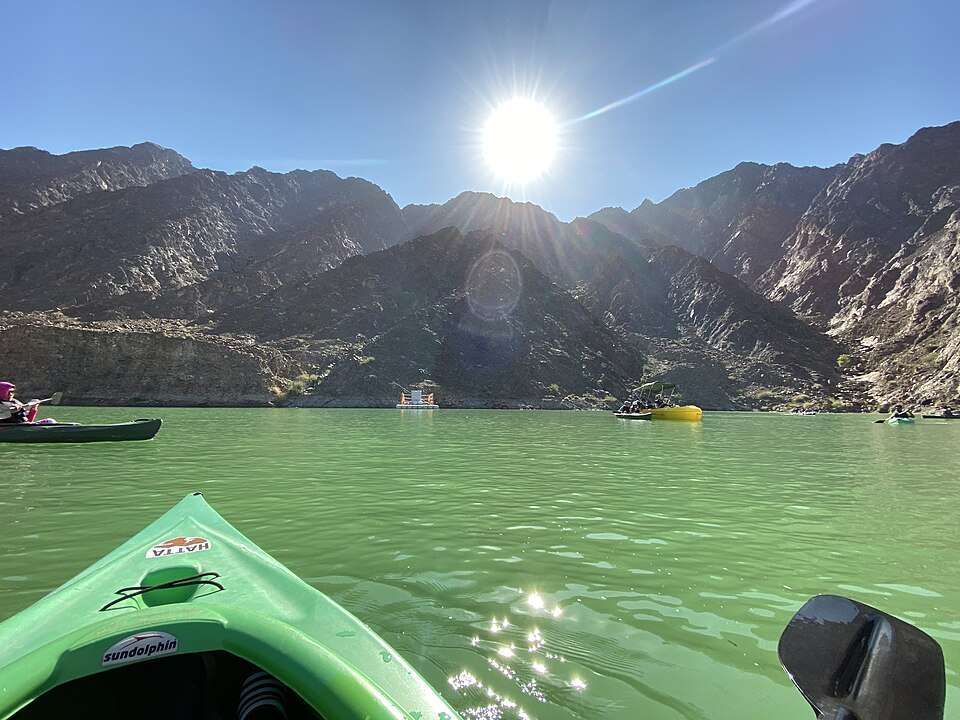 Kayaks on the Hatta Dam lake in the Hajar mountains